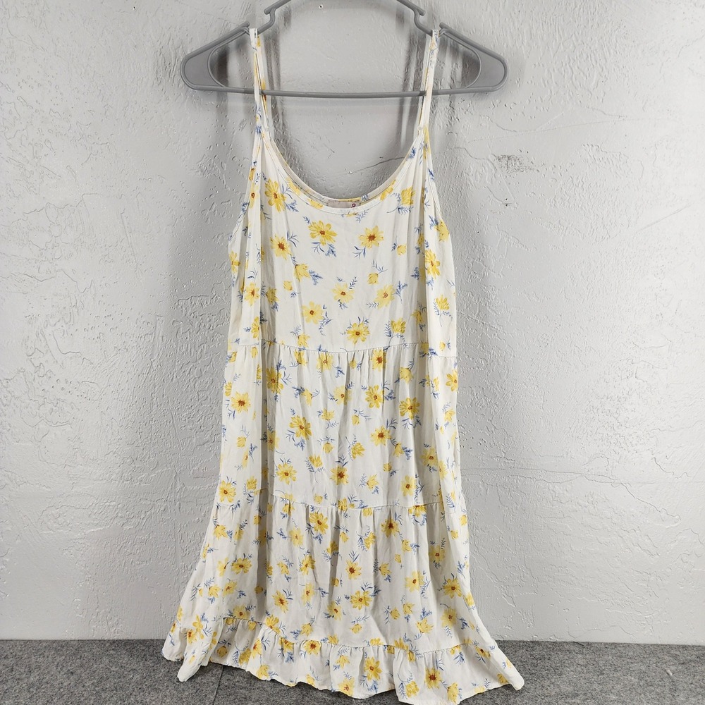 SO White Yellow Floral Tiered Ruffle Cami Sun Mini Dress Large